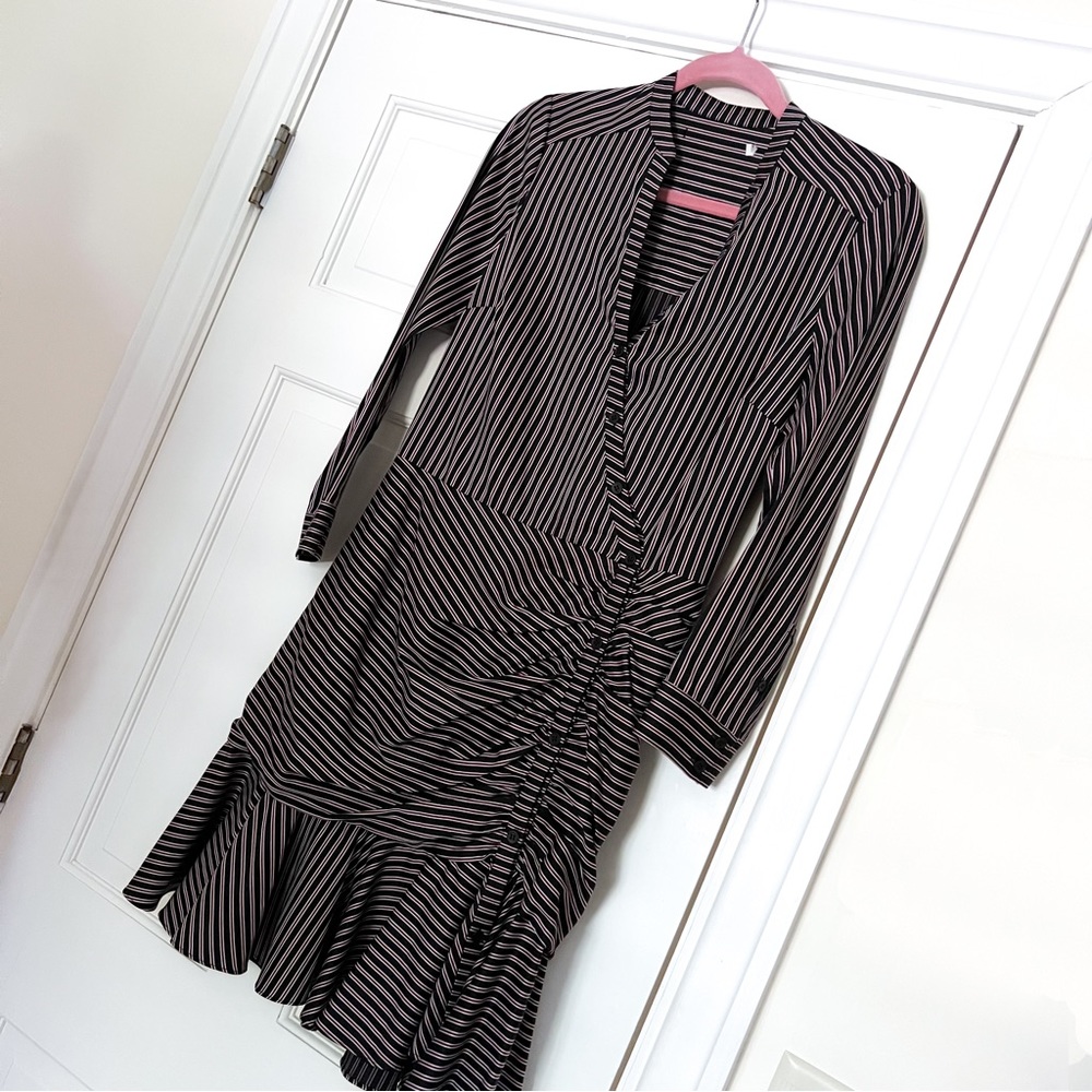Veronica Beard long sleeve striped asymmetrical button down dress